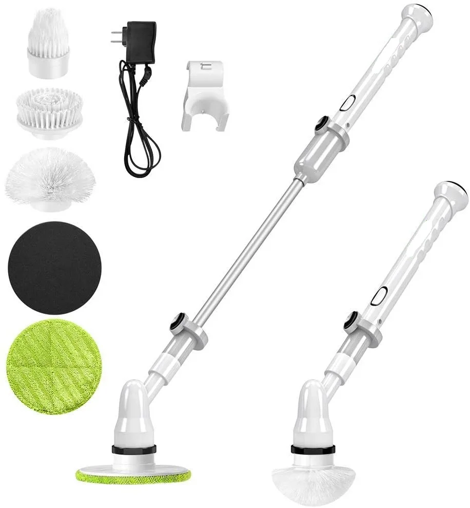 

Electric Spin Scrubber, Cordless Floor Scrubber Power Bathroom Shower Scrubber with 5 Replaceable Cleaning Brush Heads, Grey and white