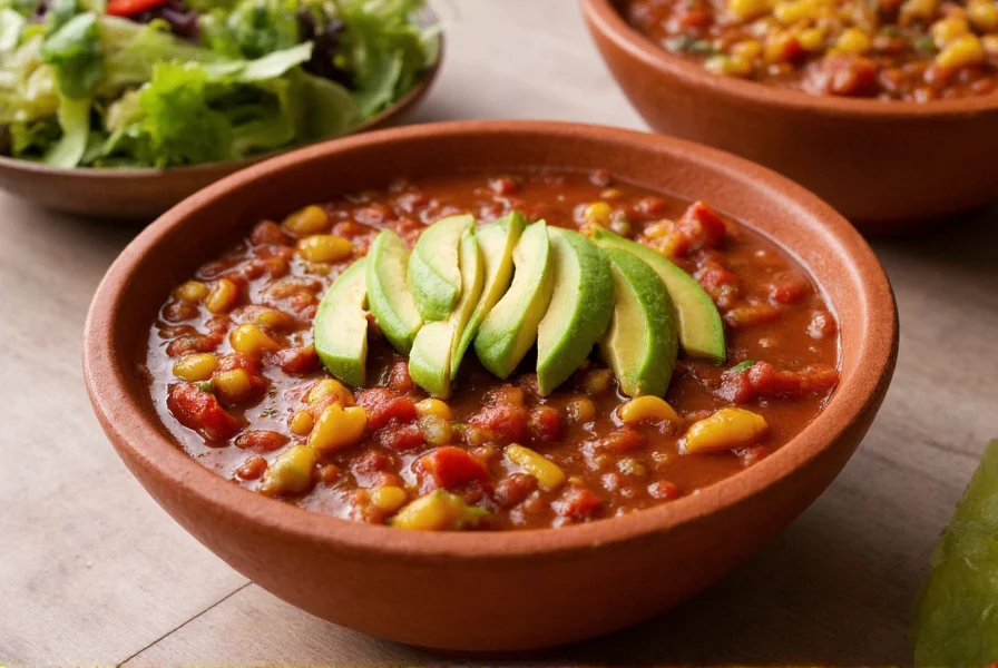 Colorful presentation of Malibu chili in a ceramic bowl with avocado garnish and side salad