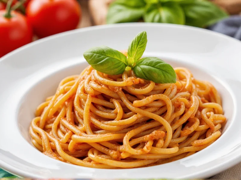 Homemade spaghettios in white bowl with basil garnish