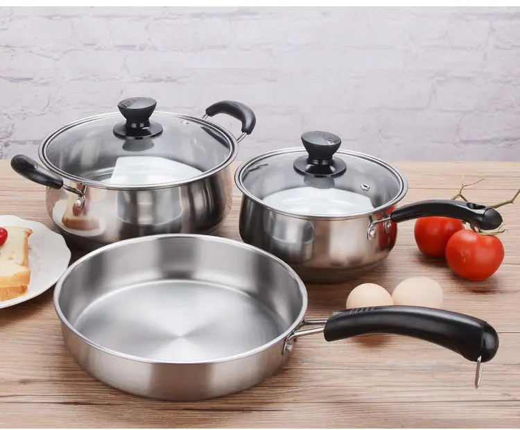 

Wholesale Stainless Steel Non Stick 3 pcs Pot Set Household Kitchen Milk Pot Soup Pot Frying Pan Cookware Set, Silver