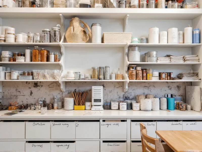 Organized craft studio workspace with labeled material stations
