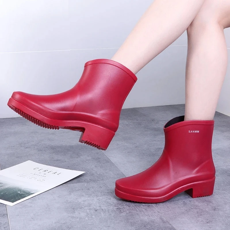 

New style ladies waterproof garden bootie short shoes red work casual ankle rain boots for women, Black,red,green,grey
