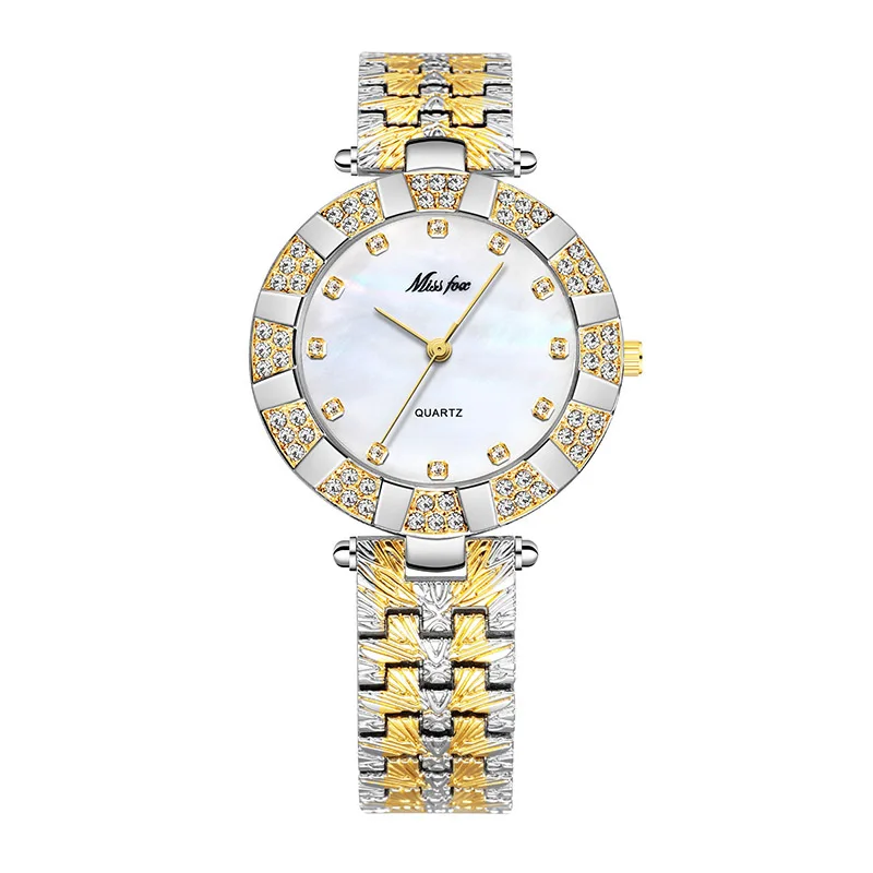 

Miss Fox 2062 Luxury Gold Women Quartz Watches Fashion Casual Ultra Thin Minimalist Ladies Stone Bracelet Watch Full Diamond