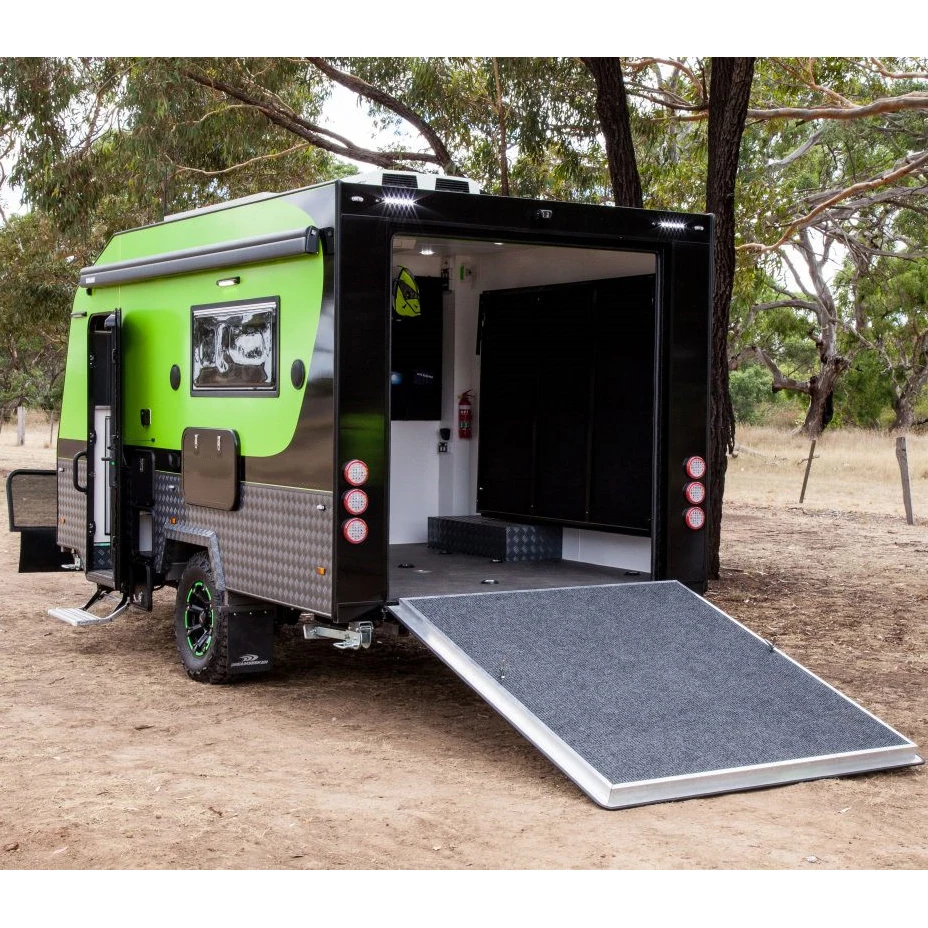 14 foot ft small lightweight mini  rv off road fiberglass design your own toy hauler rear deck flatbed camper under 4000 l