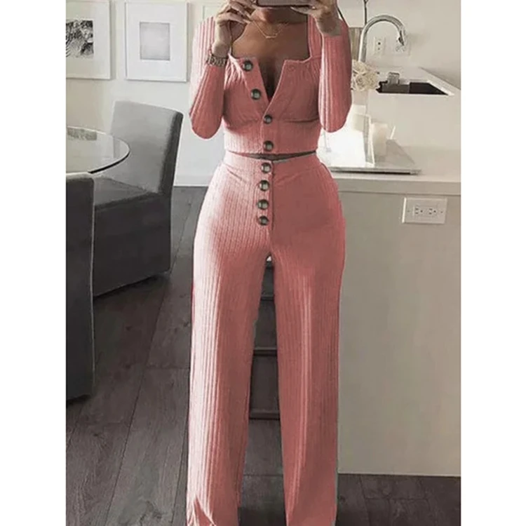 

2021 spring hot selling women elegant two piece lounge set long sleeve button rib design women 2 piece set outfits