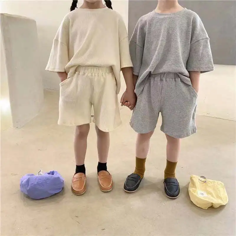 

2021 summer new children's waffle short sleeve Shorts Set, Same as picture