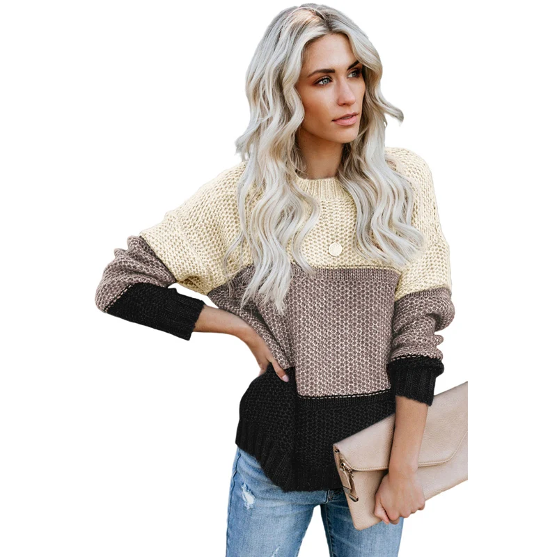 

spring &summer Wholesale Ladies Color Block Crew Neck Long Sleeve Women Sweater, Shown