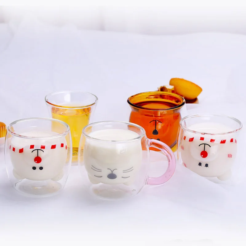 

2022 New Product Cute Cat Bear Double Layer Glass Cup Mugs Tea Cups Water Cup Taza Gato Mugs For Christmas Gifts Gift Sets, Depend on products