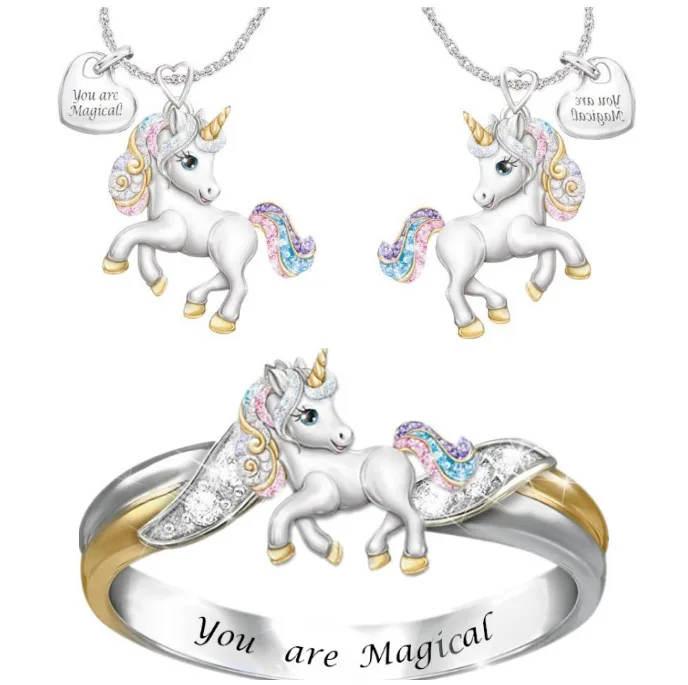 

Cute Rainbow Unicorn Jewelry Set Silver Color Children's Necklace Ring Jewelry Sets Cartoon Animal Jewelry Birthday Gifts, Steel,