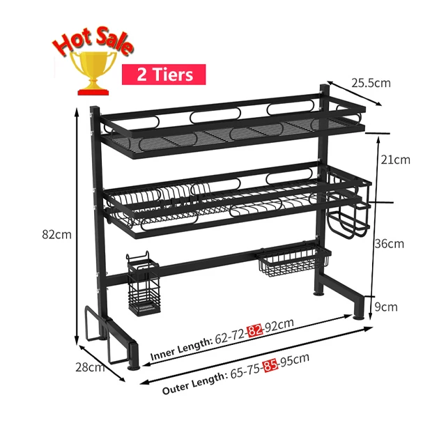 

Hot Sale 82cm Wide 2 Tier Carbon Steel Over the Sink Rack Dish Drain Rack Kitchen Storage Organizer Dish Drain Shelf