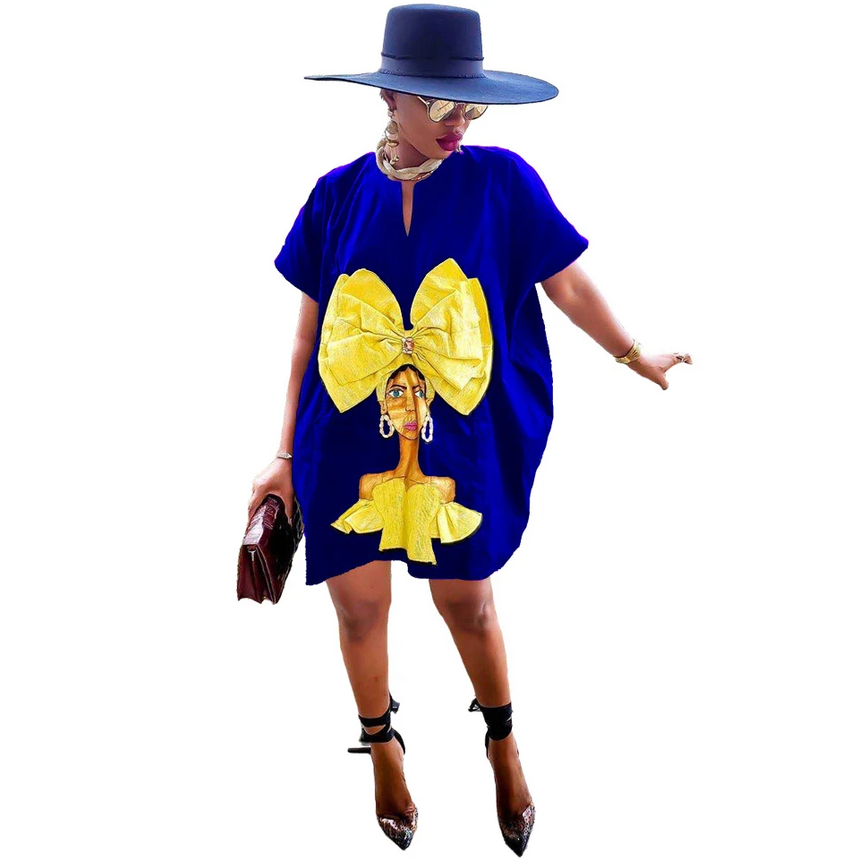 

Summer 100% Polyester Loose Dresses Print Pattern Short Sleeve Dress Women T-Shirt Casual Dress with Pockets