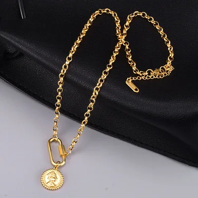 

Jachon Water Resistant 18k Gold Plated Titanium Steel Queen Elizabeth Head Link Chain Necklaces Lobster Clasp Pendant Necklaces