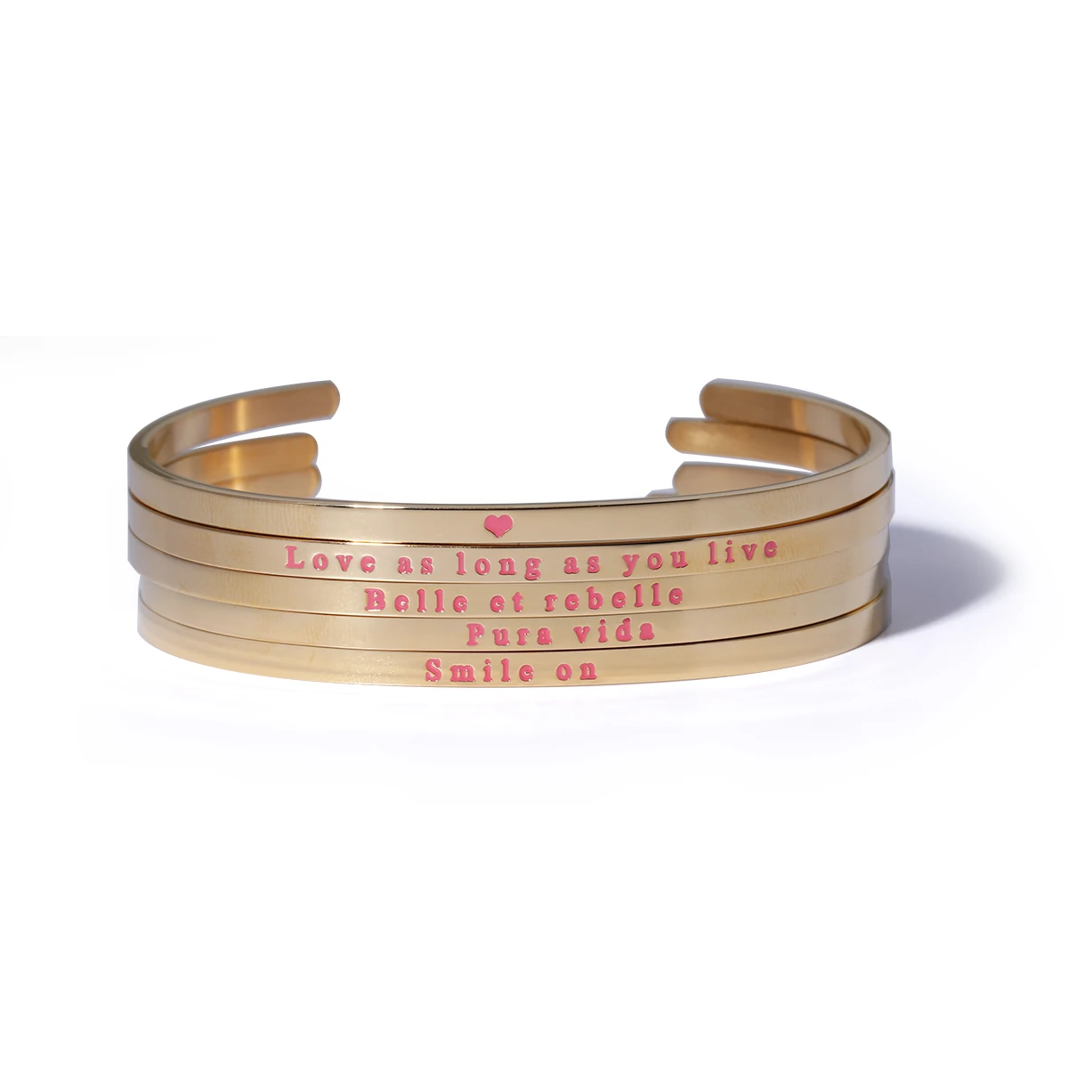 

Free Sample Custom 3mm Pink enamel bangle Real 18k Gold plated Stainless Steel Mantra Custom Engraved Bracelet