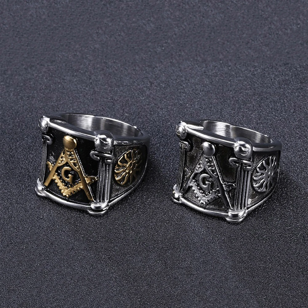 

Retro Titanium Steel Men's Rings Masonic Logo Jewelry Punk Style Stainless Steel Ring Custom Wholesale Size 7-12 OEM