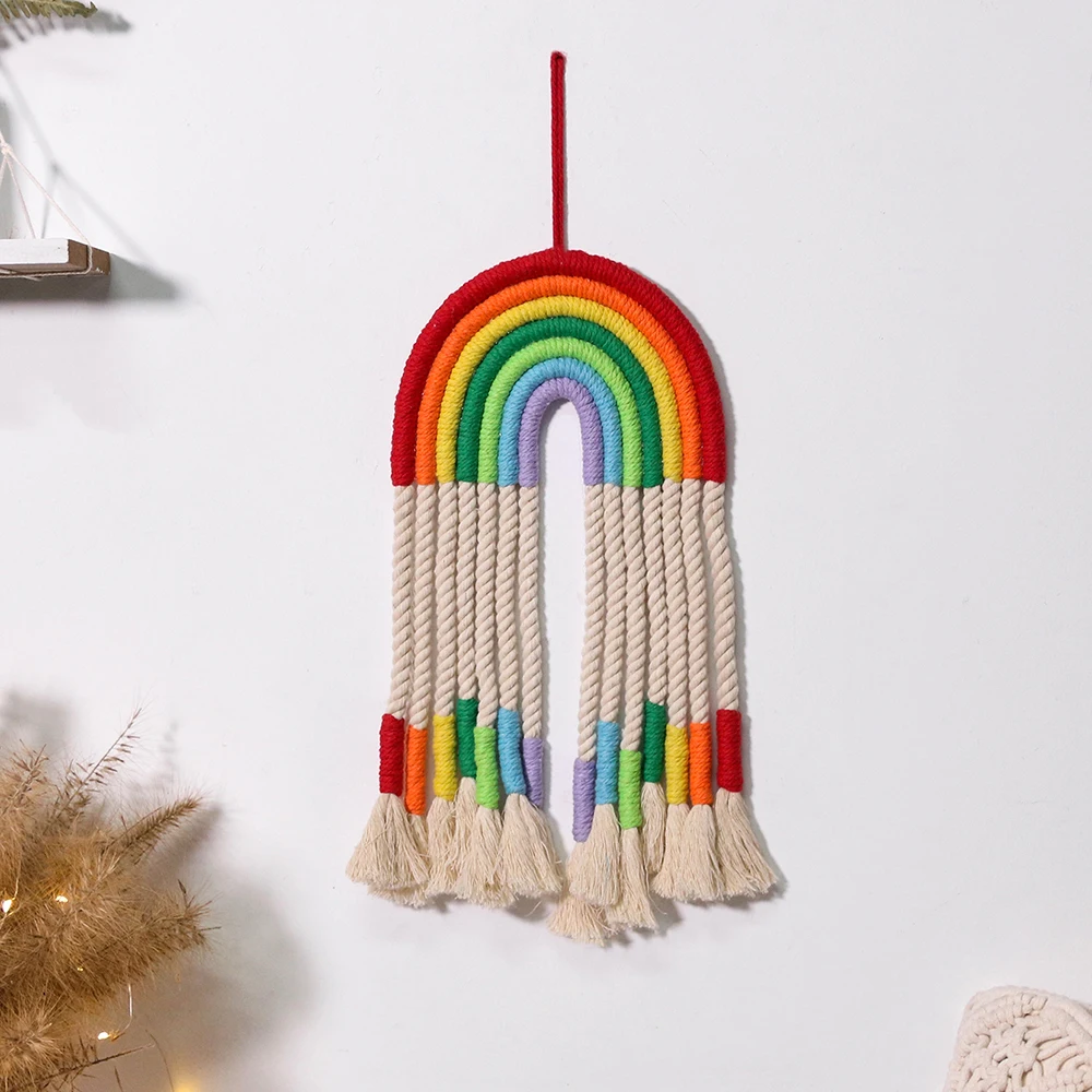 

Artilady Handmade macrame colorful wall hanging woven rain bow wall decor home baby nursery room decor, Beige