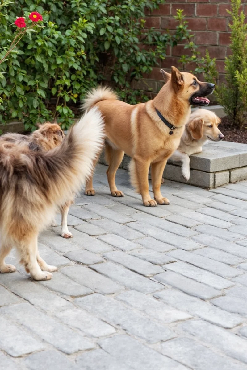 A dog run lined with pea stone surrounded by fencing and shaded area.