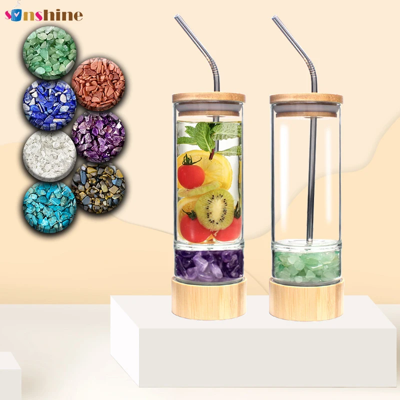 

Custom Reusable Bamboo lid Glass Tumbler Energy Crystal glass cup with straw, As picture