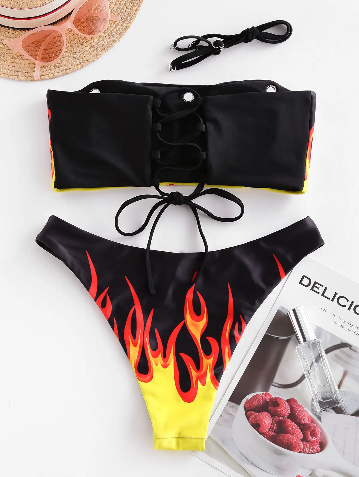 Hot Selling Swimwear Zaful Flame Print Grommets Lace Up Bandeau Bikini 2019 Swimwear Buy