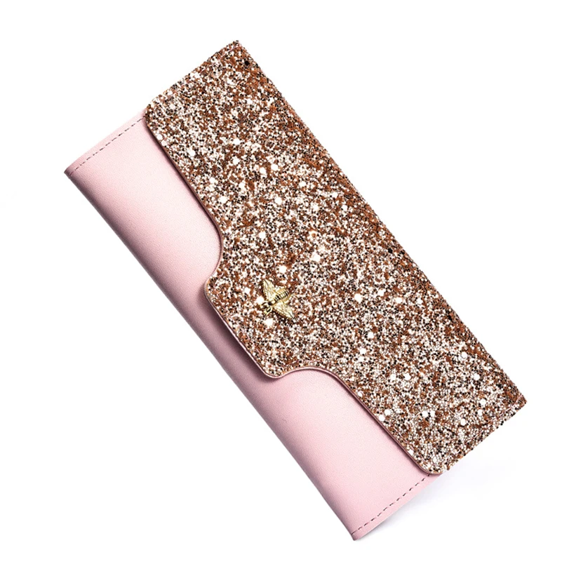 

on line shopping newest pink sequined pu leather ladies  wallet with bee