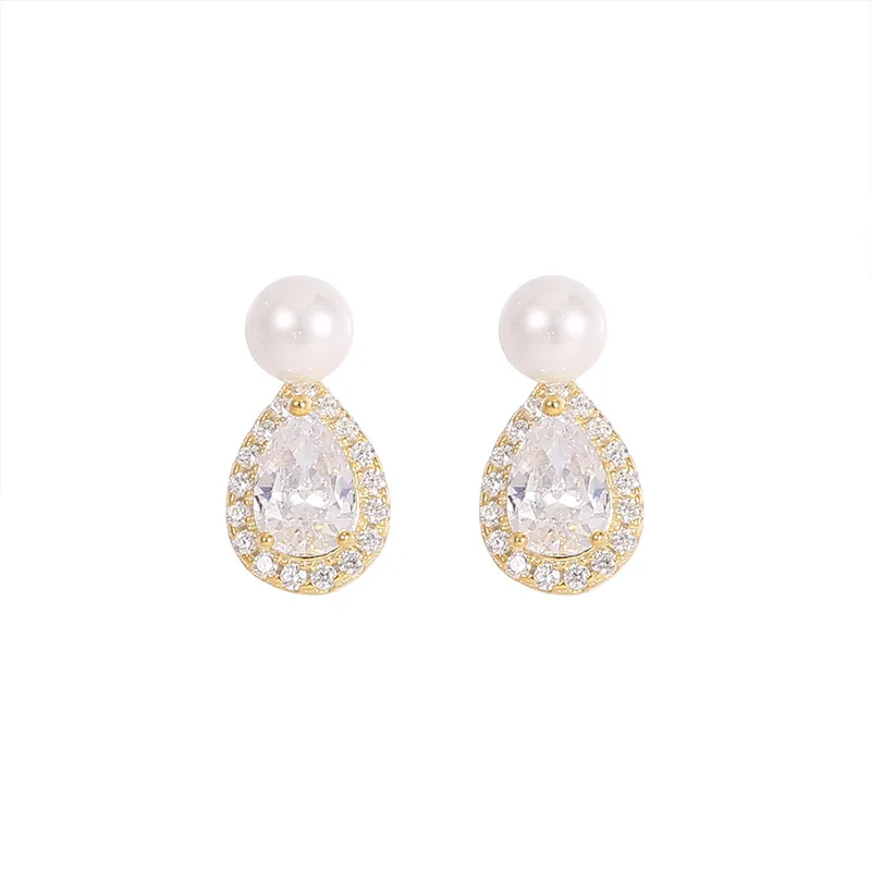 

fashion fine jewelry 925 sterling silver water drop diamond zircon pearl gold plated stud earrings for women