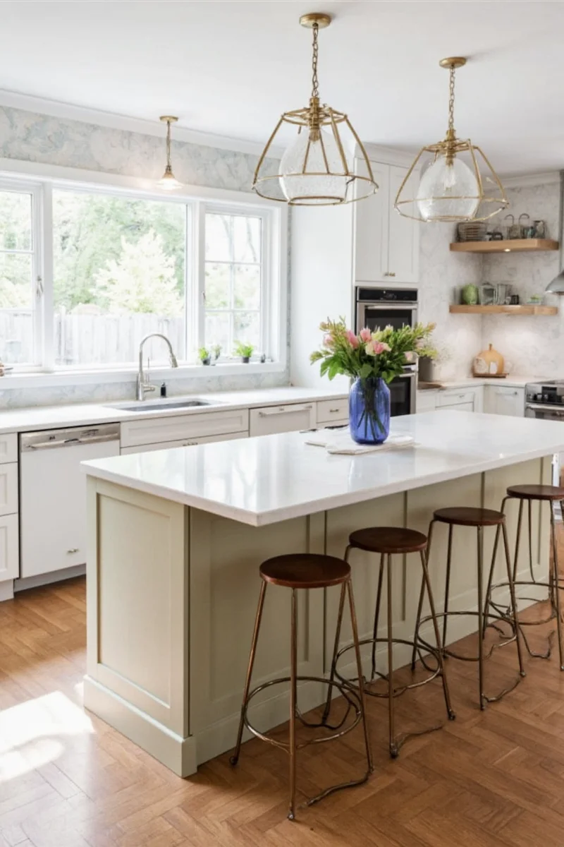 Two-level kitchen island with breakfast bar edge