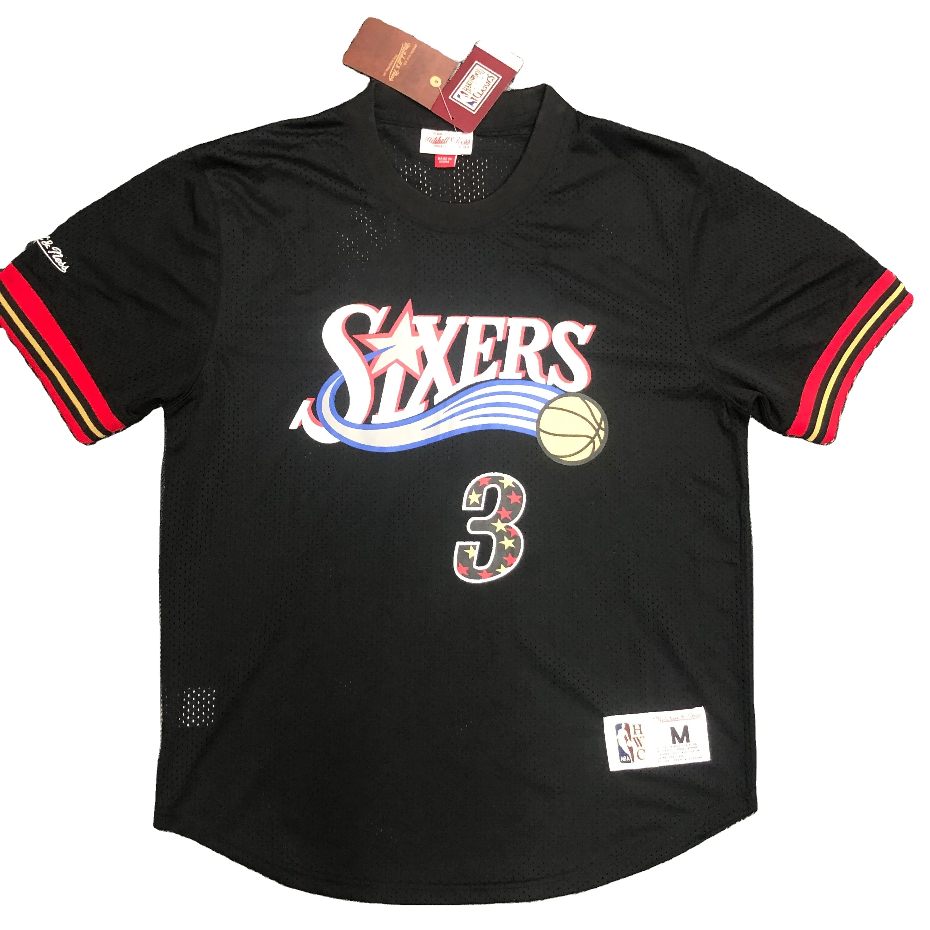 

Mitchel lness 76 ers Black No. 3 Iverson Retro Mesh Short Sleeve basketball jersey, As the picture shows