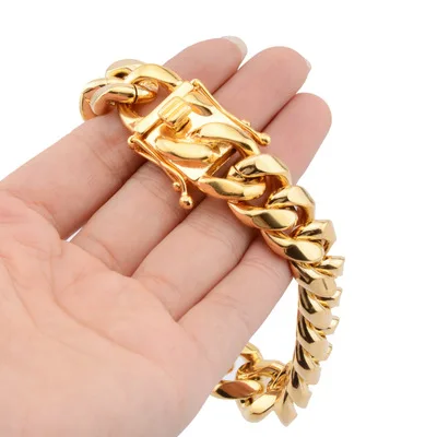 

2021 Best Sellers Golden Chunky Cuban Chain Bracelet 18mm Width Stainless Steel Miami Cuban Chain Hip Hops Bracelet