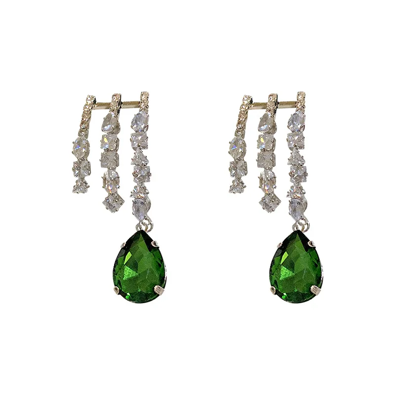 

Short Chain Crystal Dangle Earrings 925 Sterling Silver Needle Emerald Water Drop Crystal Drop Earrings