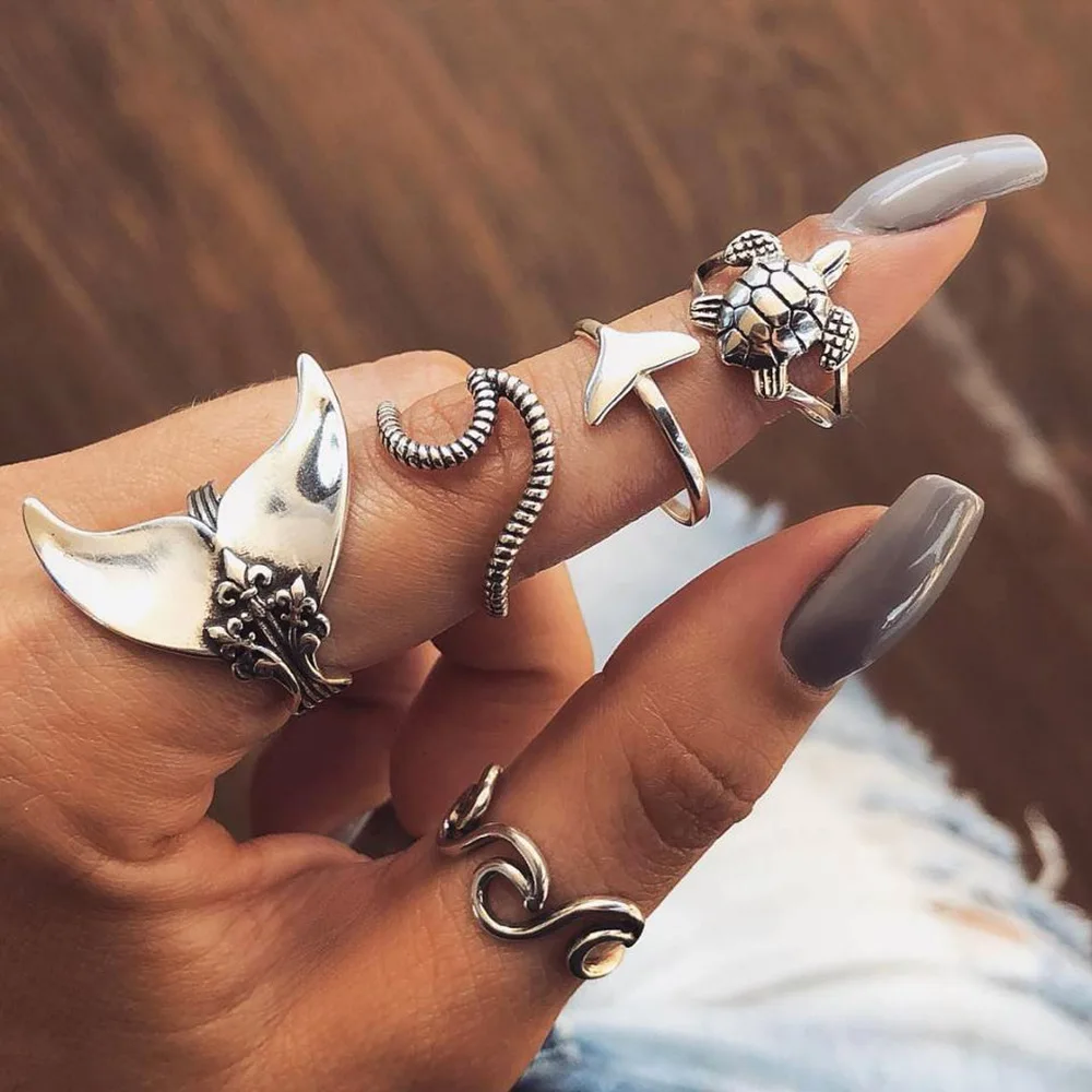 

5Pcs Vintage Beach Fish Tail Turtle Waves Finger Rings Set Fashion Mermaid Tortoise Sea Knuckle Joint Ring Women Lady Fashion, As the pic
