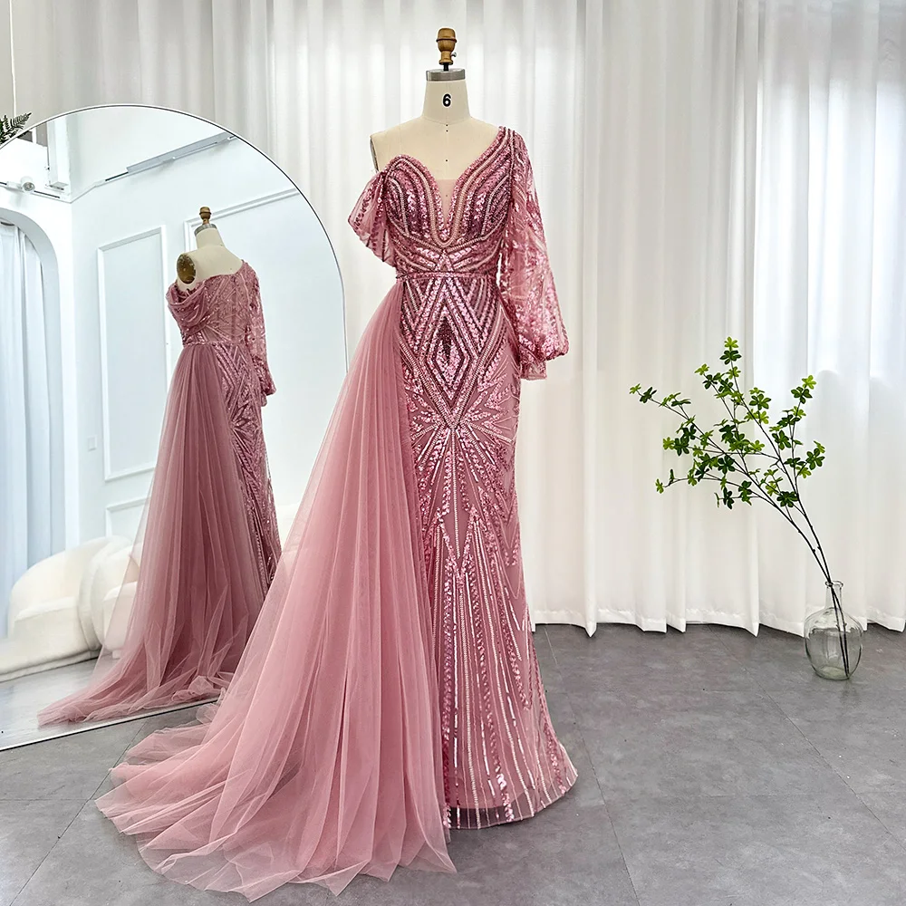 

Scz110 Elegant One Shoulder Mermaid Pink Evening Dress For Women Long 2023 Luxury Green Rose Gold Wedding Party Gowns