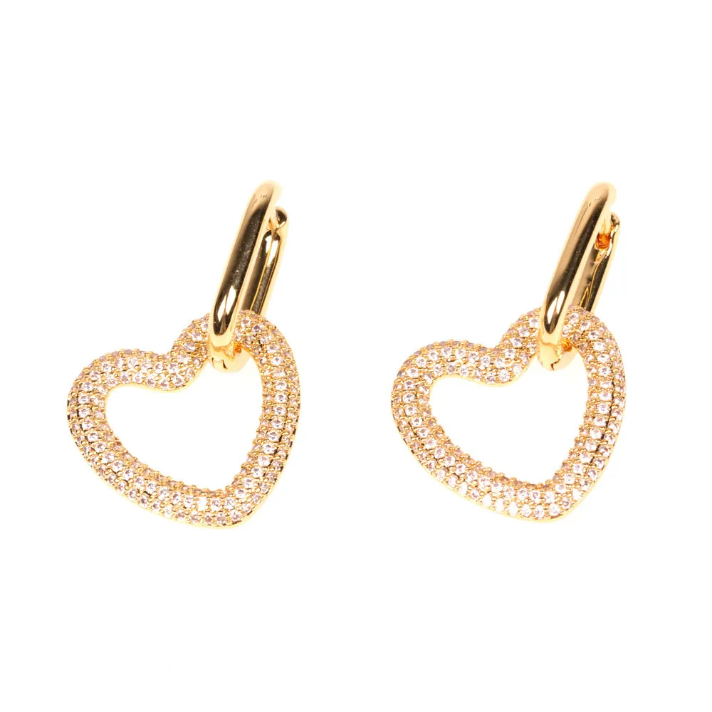 

Statement 18K Gold Plated Fully Zircon Micro Pave Heart Earrings Bling Crystal Heart Star Drop Earrings For HipHops Party