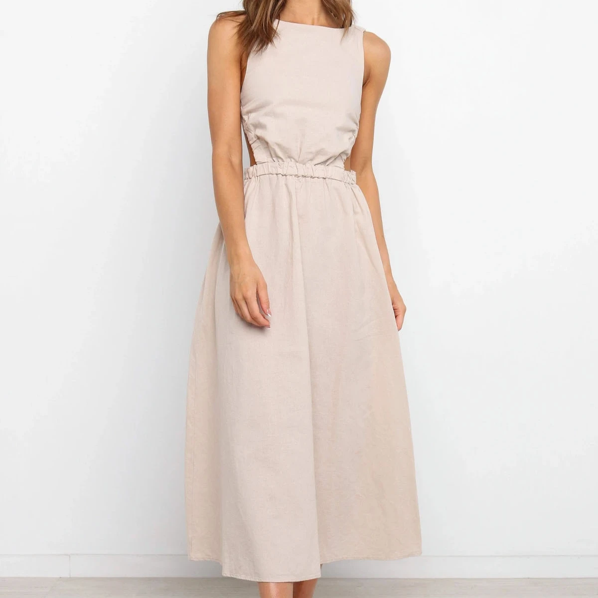 

Solid bodycon skirt sleeveless backless midi linen fashion women dress dresses