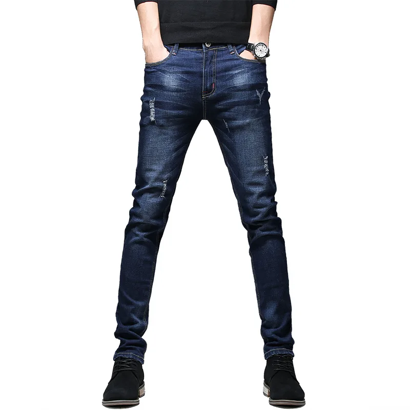 

Jeans men's Korean version straight pants middle waist washed casual pants micro elastic daily long pants, As the picture shows