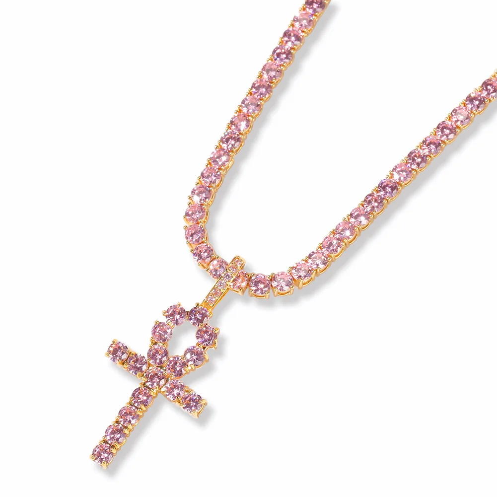 

Hip Hop Iced Out 4mm Full Bling Bling Pink CZ Tennis Chain Ankh Cross Pendant Necklace