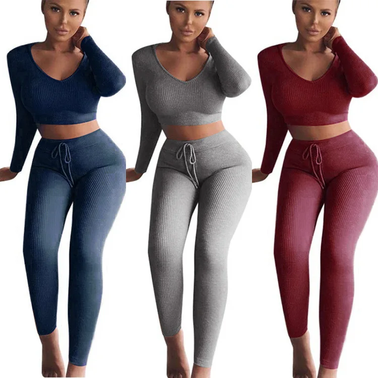 

Factory wholesale 2021 Amazon pit strip sports suit sexy V-neck cropped long sleeve T shirt trousers set