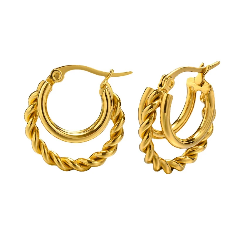 

Wholesale Custom Waterproof Hypoallergenic Stainless Steel Women Jewelry 18K Gold Plated Rope Twisted Hoop Earrings