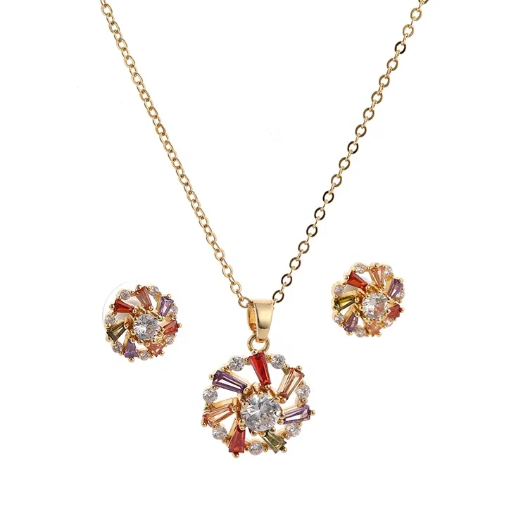 

Clear Colorful AAA Zircon Gold Plated Round Pendant Necklace Earrings Jewelry Set for Women Anniversary, As pictures show