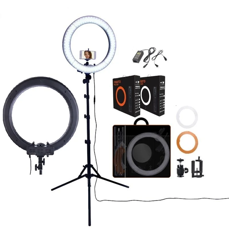 

Indonesia Free Shipping FOSOTO RL-18 18in tiktok makeup dimmable photography video LED ring light for Iphone with tripod stand, Black