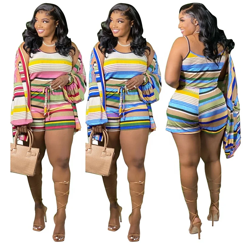 

YD Factory in stock 2021 rainbow athletic ribbed streetwear stripe shorts and tank top set two piece women short pants