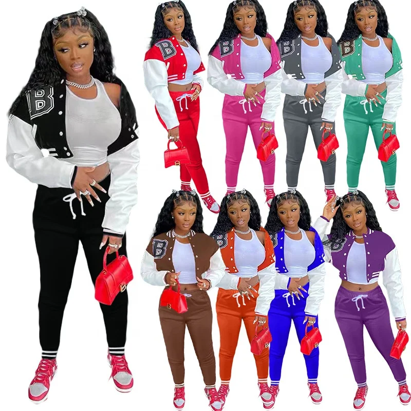 

Custom Women Matching Set Woman 2 Piece Cropped Varsity Baseball Jackets and Pants Set Women Spring Clothing Two Piece Pant Set