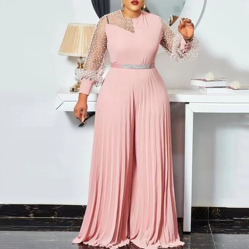

Fall Dot See Through Long Sleeve Pleated Wide Leg Pants Lady Jumpsuits