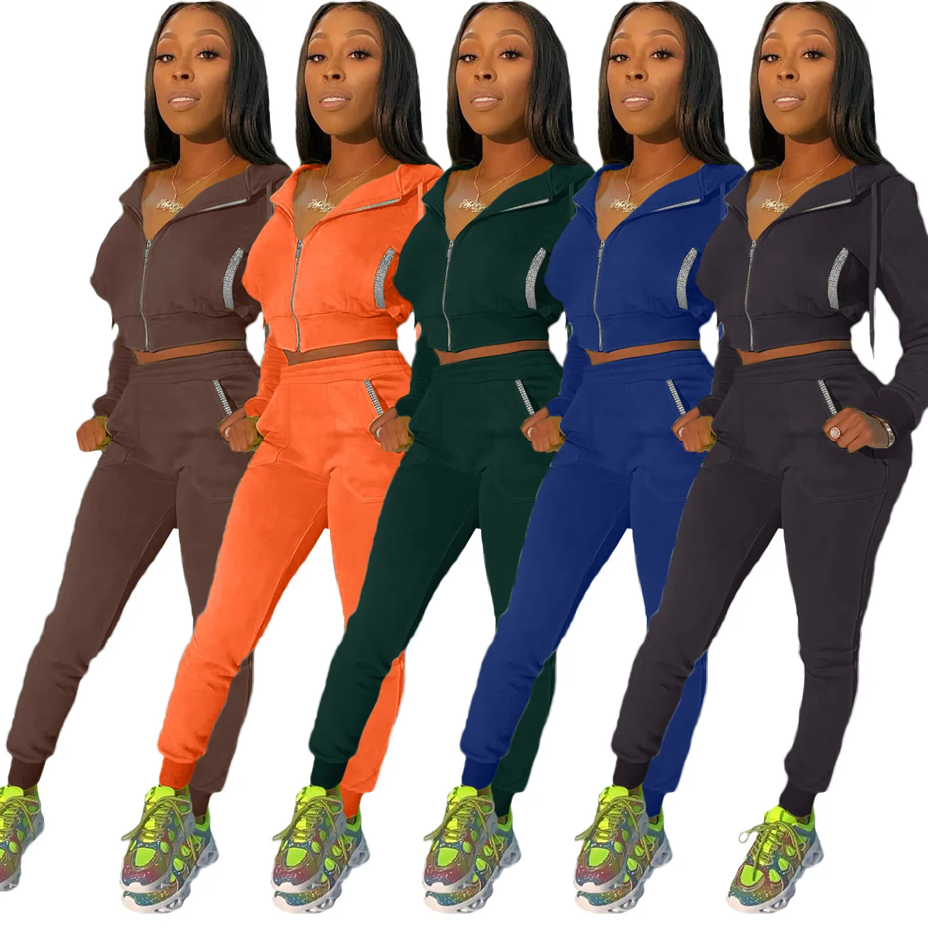 

2021 Fashion solid color ladies diamond pocket hooded jacket leisure sports two-piece pants set for women