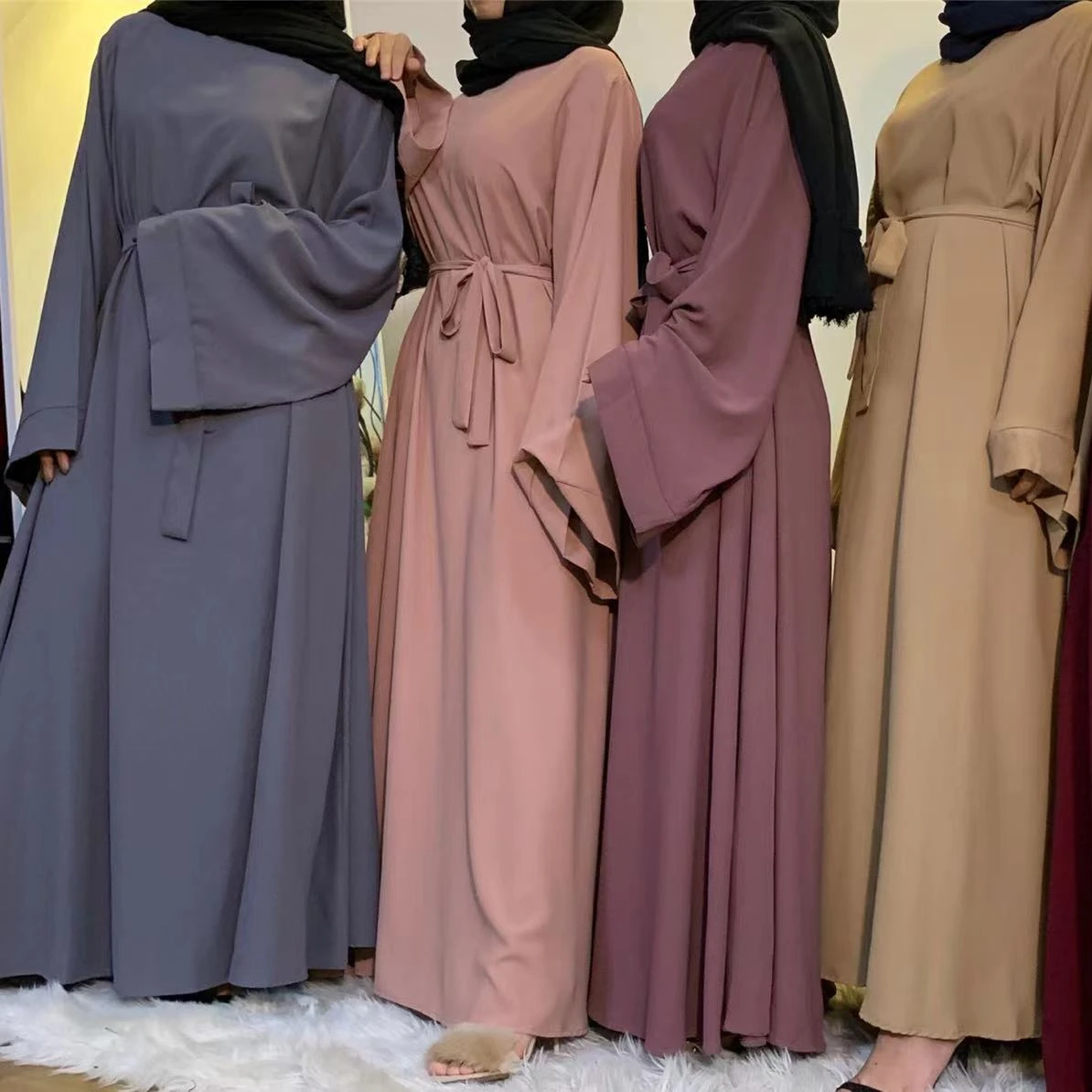 

IDS Abaya Dubai Turkey Solid Color Simple Modest Kaftan Islamic Clothing Abaya Muslim long sleeve dress women Robe dress, Picture color
