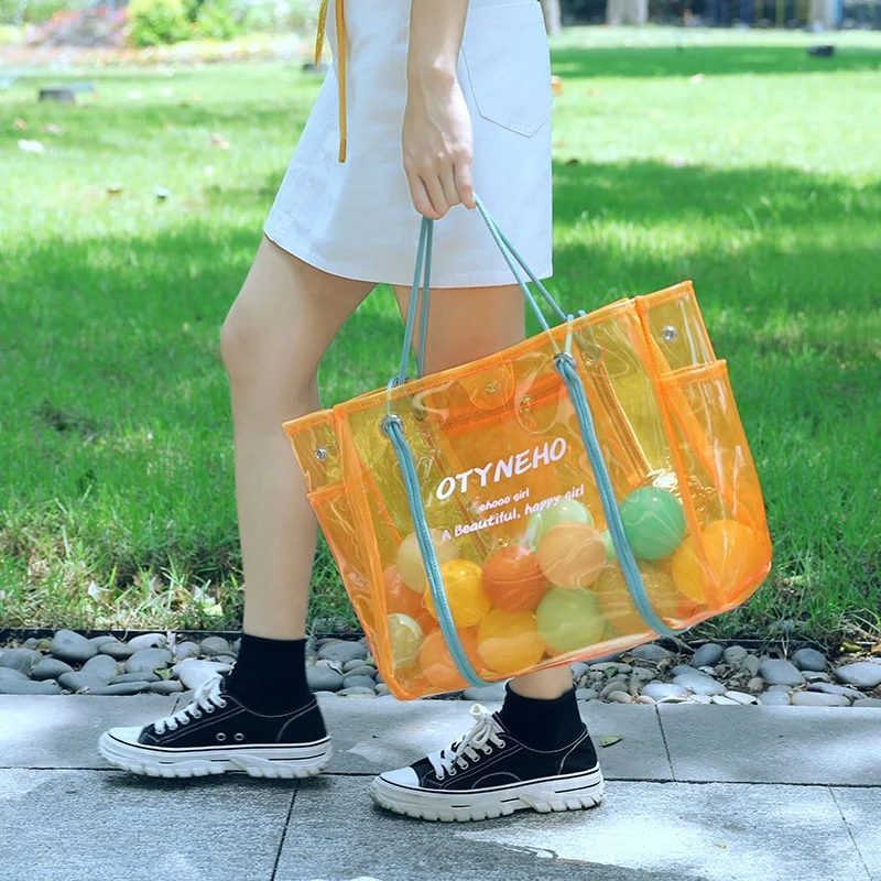 

B&M Ladies Outdoor Colorful Toy Organizer Storage Jelly Bag Handbag Travel Clear Pvc Waterproof Transparent Tote Beach Bags, Green , black , clear,blue ,orange