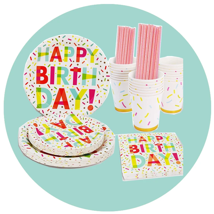 

Happy Birthday Paper Plates and Napkins Set Disposable Tableware for Birthday Party Disposable Party Paper Dinner Cake Plate Set