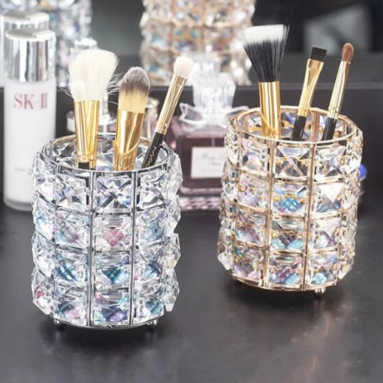 

Crystal Makeup Brush Holder Eyebrow Pen Pencil Storage Box Container Makeup Brush Organizer, Gold.white