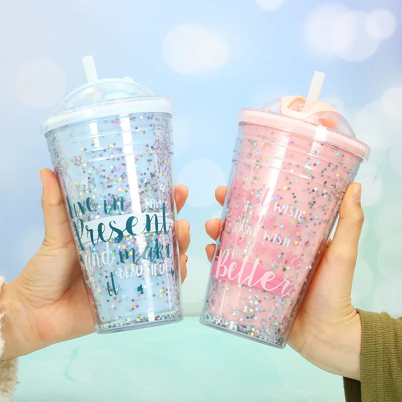

new popular style 500ml star pattern leak proof fruit juice colorful glass mug with straw and lid