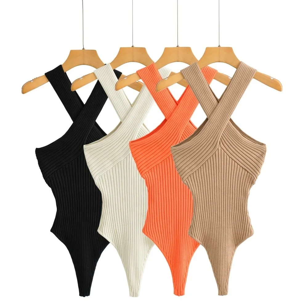 

B55025A New arrivals bodysuits for women sexy fashion knitted romper bodysuit halter tops 2021, Black/beige/orange/khaki