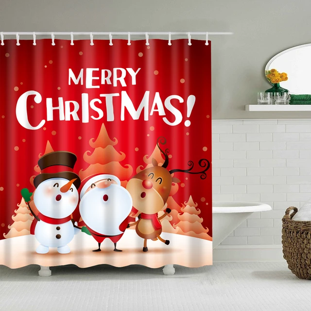 

Frabic Polyester Waterproof Bath Curtain, Merry Christmas Trees Snowman Santa Claus Snowflake Shower Curtains/