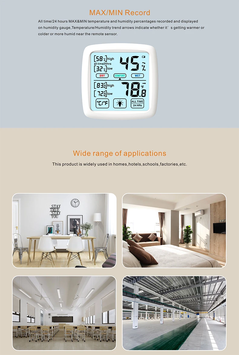 High quality and accuracy indoor thermometer & hygrometer ,Temperature Humidity Monitor with Large Backlight LCD